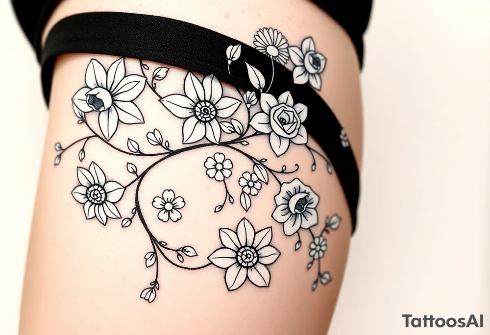 Vine with flowers: daffodil,
Lily, chrysanthemum, rose, aster, narcissus tattoo idea