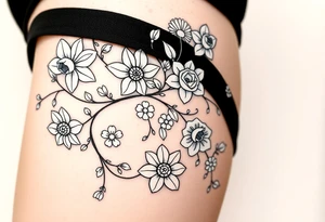 Vine with flowers: daffodil,
Lily, chrysanthemum, rose, aster, narcissus tattoo idea