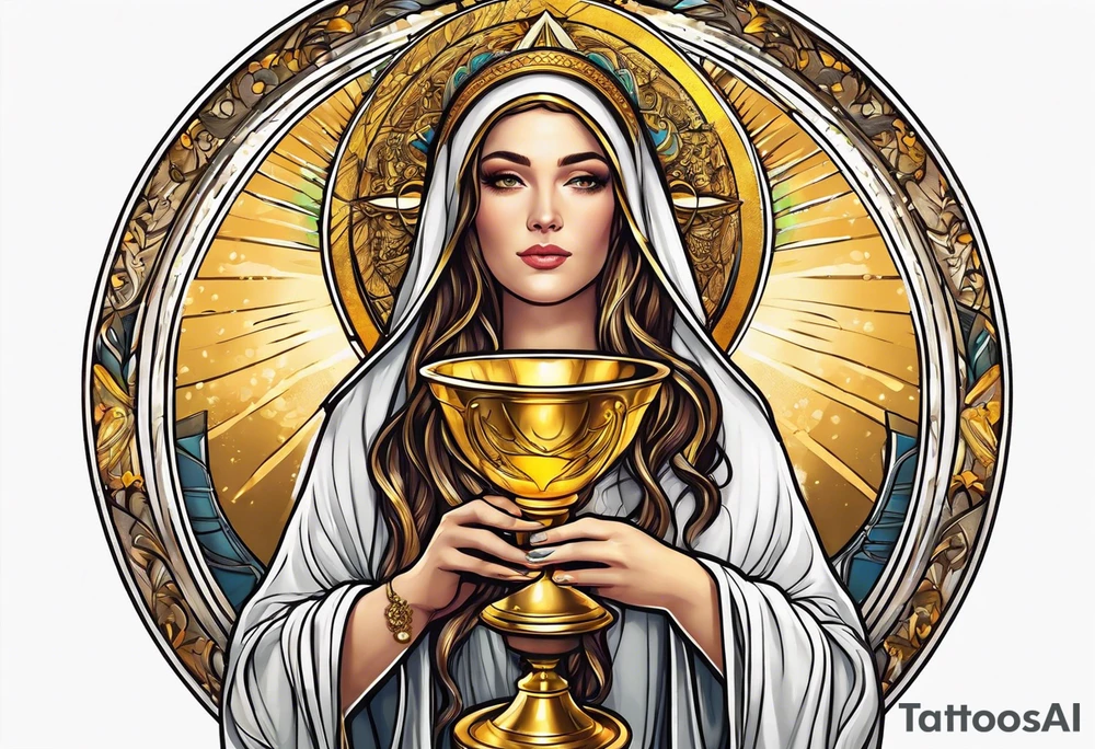 woman saint holding chalice surrounded by golden halo tattoo idea