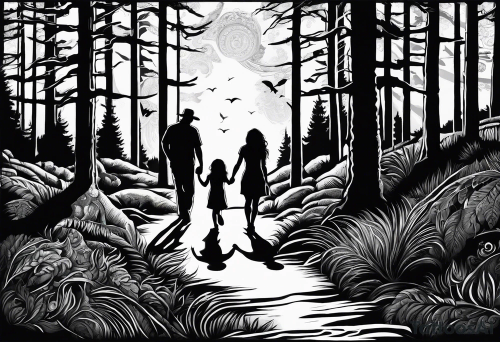 Chicano art . A shadow of a Man and Woman and young son and young daughter  walking through the Pacific Northwest Forrest. Crosses. tattoo idea