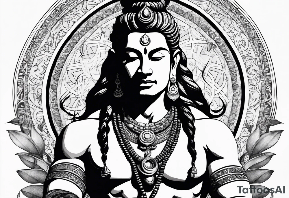 envision Shiva in a dynamic pose, surrounded by symbols representing adventure and karma, with flowing elements to signify your go-with-the-flow attitude. tattoo idea