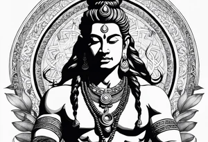 envision Shiva in a dynamic pose, surrounded by symbols representing adventure and karma, with flowing elements to signify your go-with-the-flow attitude. tattoo idea