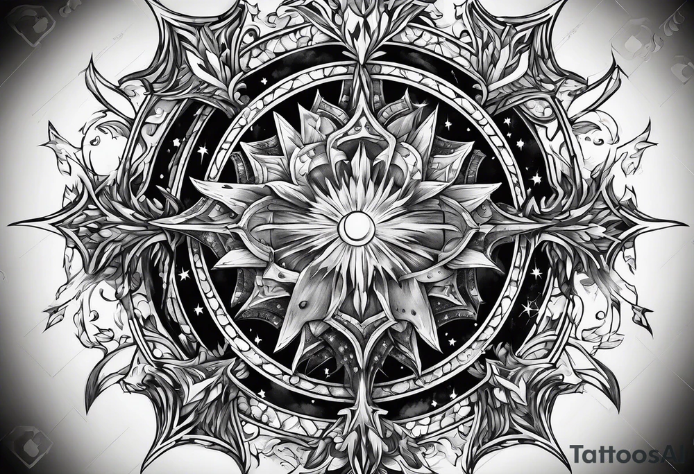 A supernova explosion represented in medieval art style tattoo idea