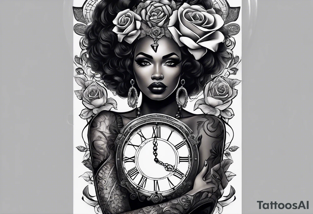 A feminine arm sleeve with a black African witchy queen woman with smoky eyes, a granddaddy clock with roses. tattoo idea