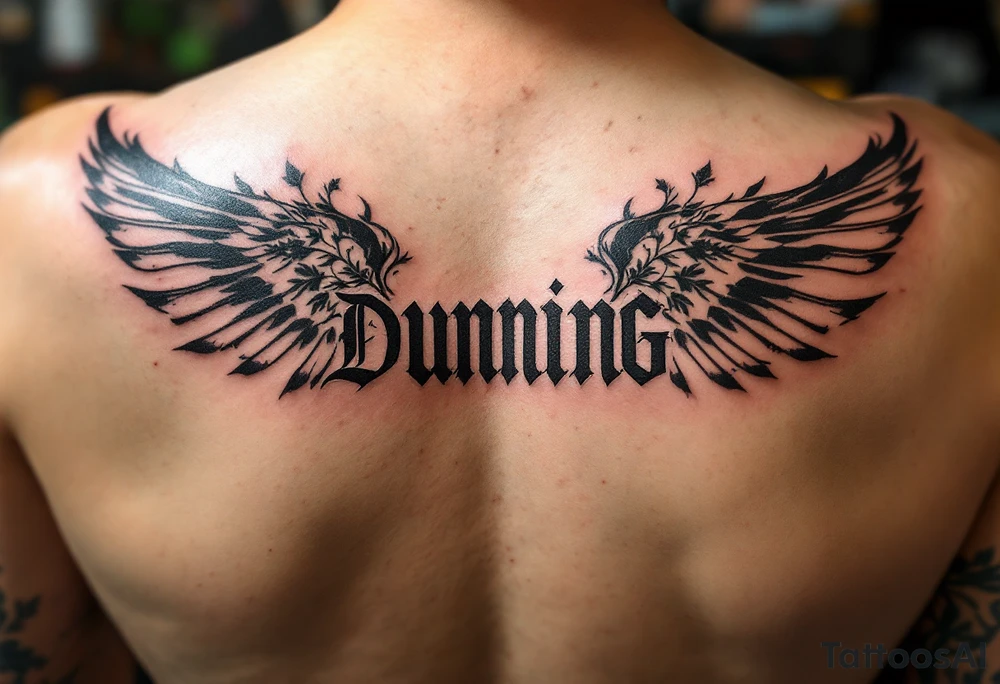 Dunning, details include angel wing, greek type of font,jungle leaves , tiger scratch tattoo idea