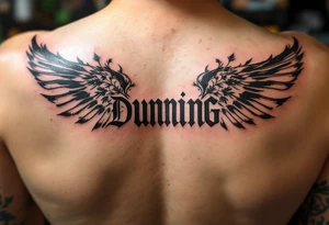 Dunning, details include angel wing, greek type of font,jungle leaves , tiger scratch tattoo idea