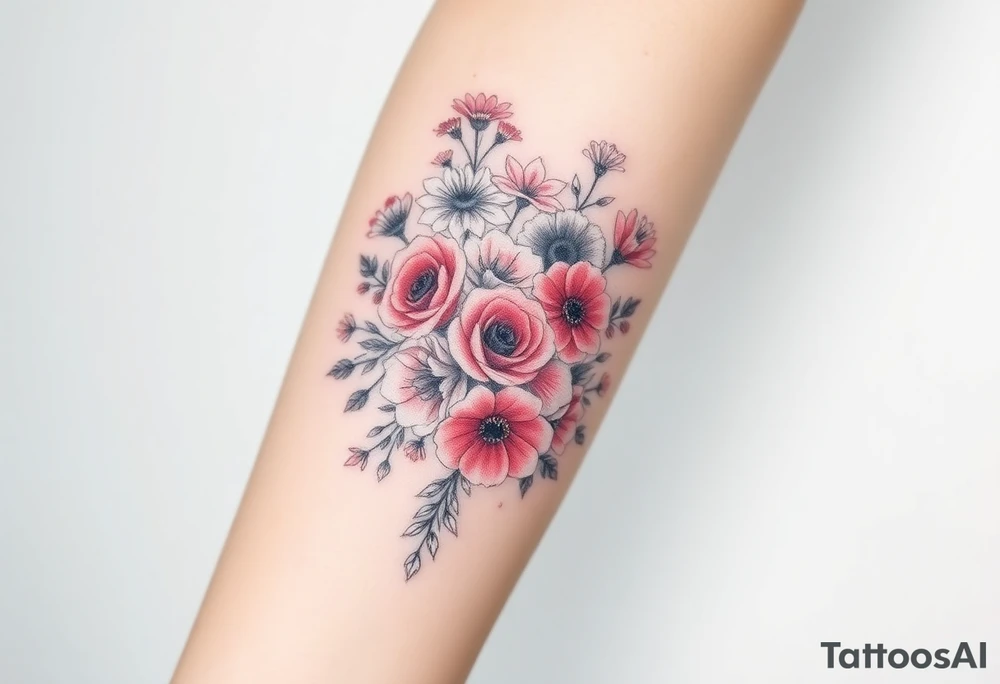 Bouquet of roses, snowdrops, marigolds, asters and gladioli tattoo idea