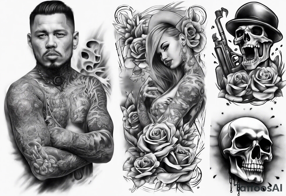 full stomach gangster sleeve realistic tattoo idea