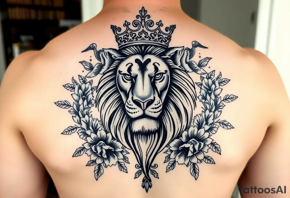 powerful majestic lion with a crown, surrounded by floral ornaments and birds tattoo idea