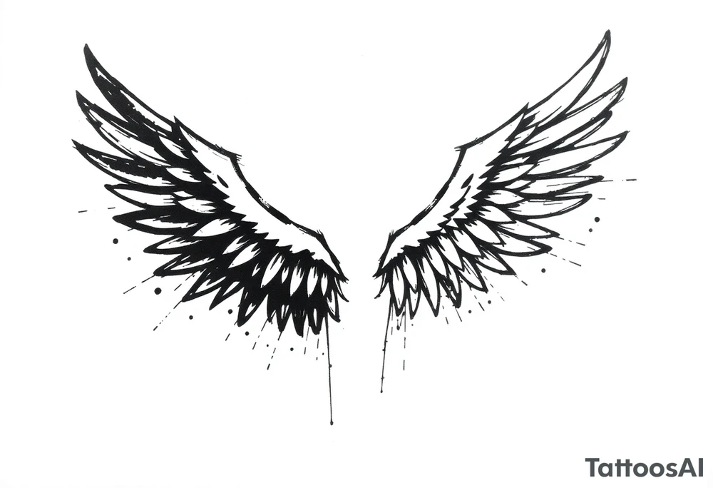 This tattoo design features a pair of asymmetrical angel wings drawn in black ink with a rough, sketch-like style. The left wing is darker, more defined, and appears denser, while the right wing is lighter, more delicate, and fragmented, creating a contrast between the two. The feathers are sharp and irregular, with fine lines and stray strokes extending outward, adding a raw and artistic feel. The overall look is dynamic and slightly chaotic, giving the impression of movement or an unfinished, ethereal form. This design symbolizes duality, freedom, transformation, or even struggle, making it a meaningful and visually striking tattoo. tattoo idea