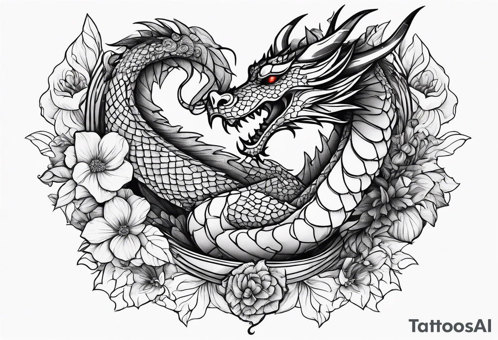 Dragon with September birth flower going up the spine tattoo idea