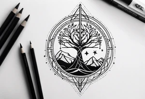 Tree of Life with DNA and Deathly Hallows Symbol and Velaris Mountains and Stars tattoo idea