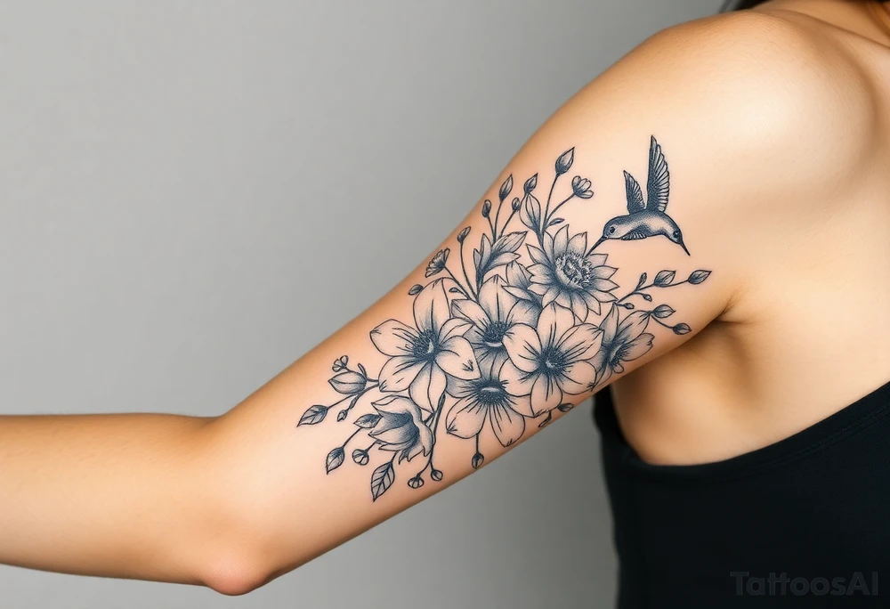 Can you create an image of a tattoo that will go on my upper arm including the following floral arrangement done very light handed and with soft lines- 1 large violet, 1 large carnation, 1 large lily of the valley, 1 large narcicuss, 1 medium carnation, 1 medium violet, 1 small dafodil, 2 small water lillies, and 1 small chrysanthemum. Add a small hummingbird drinking out of the large narcicuss. I want it on my upper right arm on the outside but slightly wrapping around the outer arm. I would like some greenery to fill in spaces as well. Make it large enough to fill my upper arm. I want the flowers to have dramatic and realistic shading. Make the tattoo more vertical than horizontal and put it on a female's arm with medium tan skin. tattoo idea