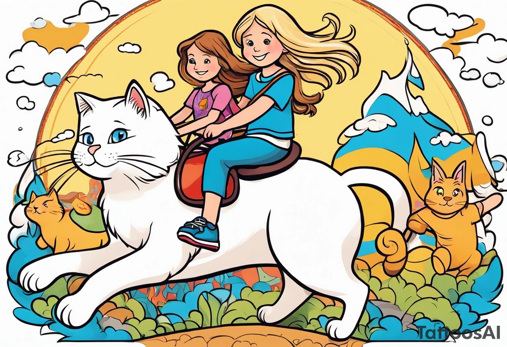 a thin blond boy with long hair and blue eyes of about 10 years old accompanied by two six-year-old twins girls, one a little chubby, with brown hair down to her shoulders, the three of them riding on a giant white cat tattoo idea
