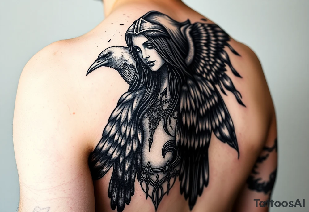 Left sleeve tattoo.

Morrigan Celtic  goddess of death is the primary focus of the tattoo

Crone imagery. 

Powerful dark magic

Multiple crows. 

. Realistic, black and white

Stronger focus on Celtic symbolism

Protector of natural world

Complex level of detail tattoo idea