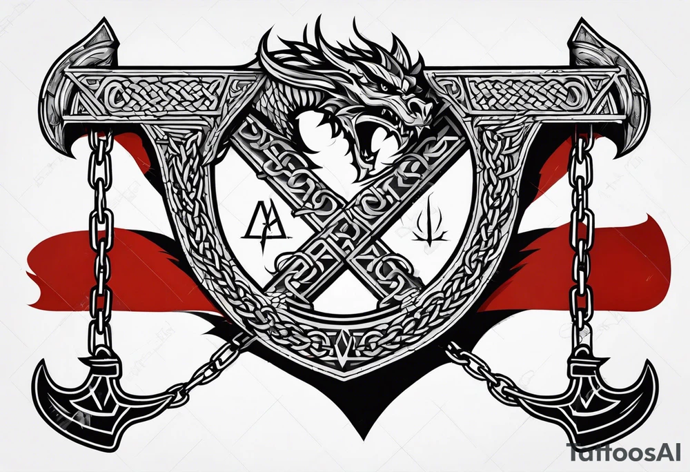 Valhalla sword shield dragon axe Valknut barbed wire chains fire tattoo idea Valhalla sword shield dragon axe Valknut barbed wire chains fire tattoo idea
