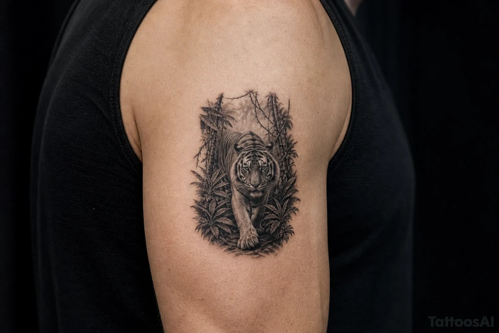 Hyperrealistic tiger emerging from a dense, misty jungle, close-up, dramatic lighting. tattoo idea