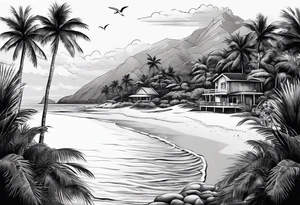 beach landscape on upper arm with palm trees tattoo idea
