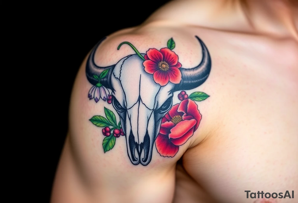Buffalo or bison skull with flowers. Snow drop and red peony. Green holly with red berries, purple larkspur, red peony.  Colour. For upper arm or shoulder. Masculin. tattoo idea