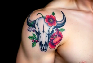 Buffalo or bison skull with flowers. Snow drop and red peony. Green holly with red berries, purple larkspur, red peony.  Colour. For upper arm or shoulder. Masculin. tattoo idea