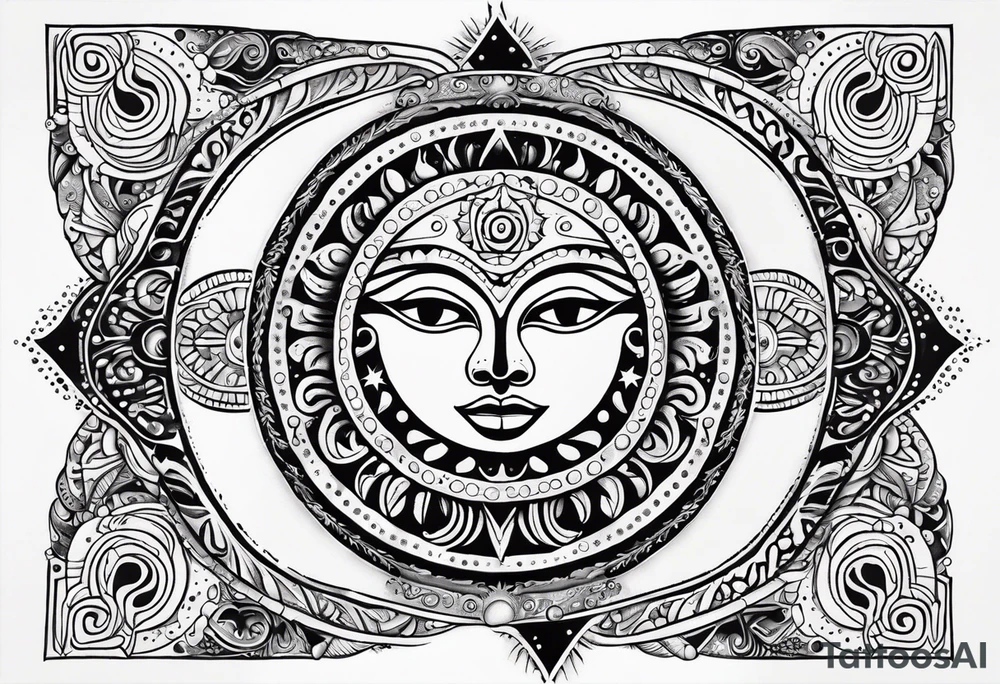 Mexican alien Sun and moon. Freeform rectangular sternum swirls with dots and stars tattoo idea