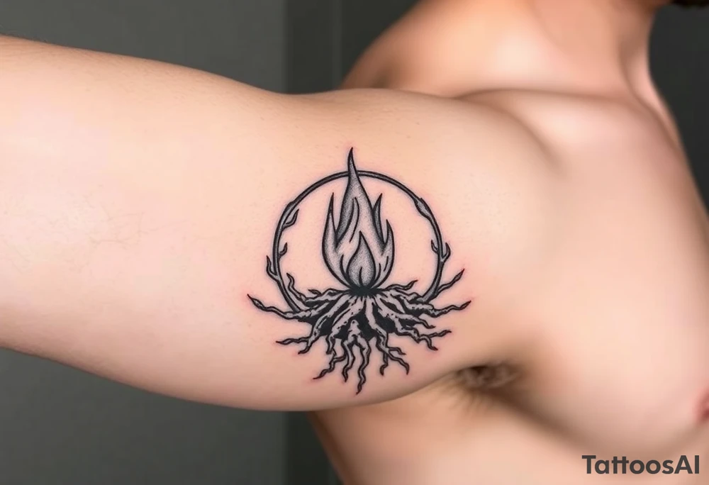 a flame imprisoned in a roots circle tattoo idea
