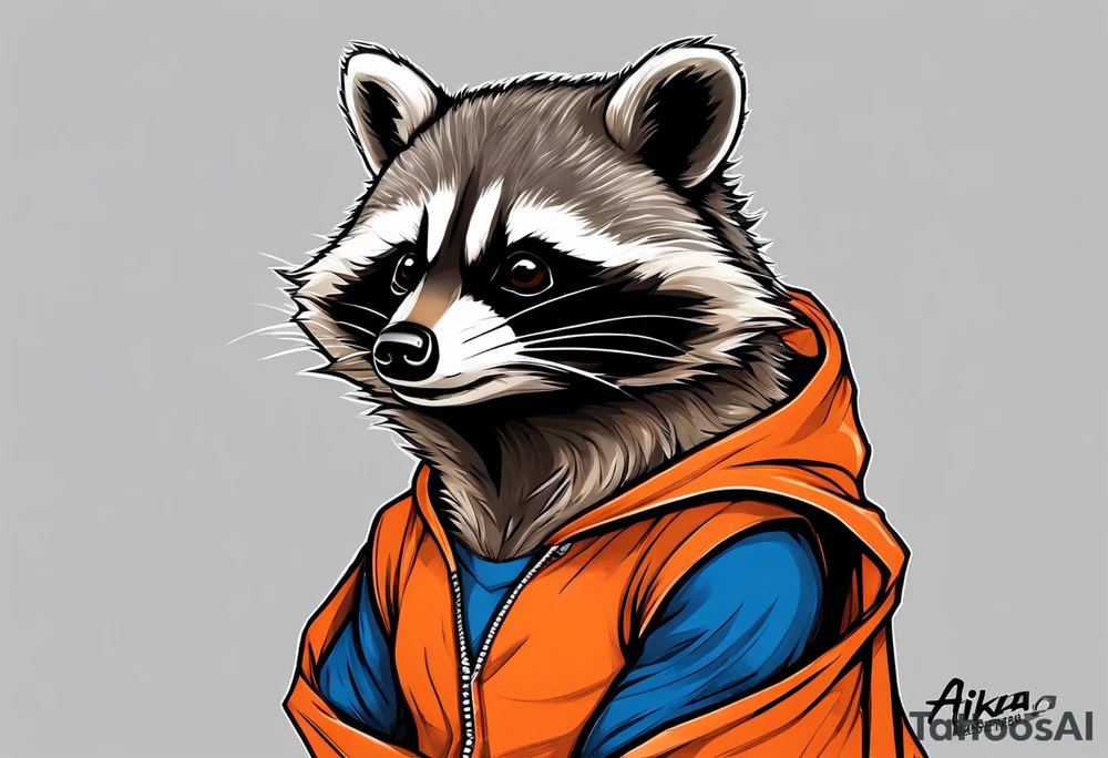 Raccoon wearing an orange Superman hoodie tattoo idea