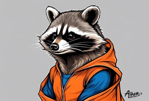 Raccoon wearing an orange Superman hoodie tattoo idea