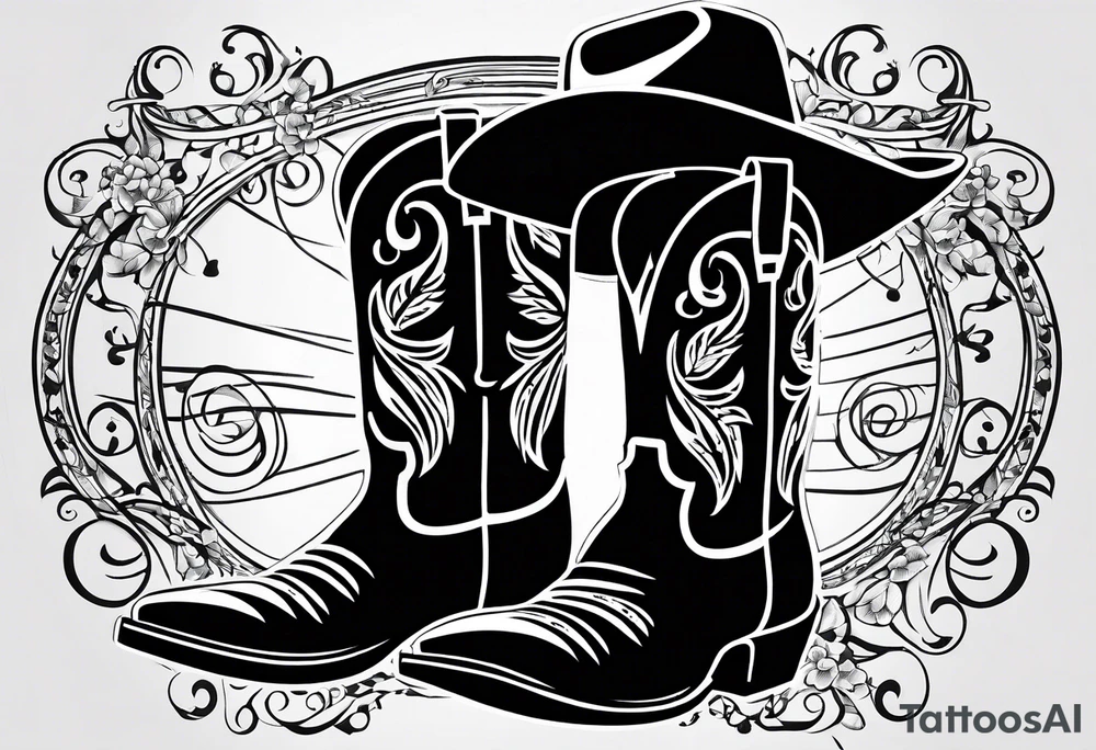 Music notes around Cowboy boots with cowboy hat tattoo idea