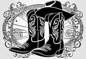 Music notes around Cowboy boots with cowboy hat tattoo idea