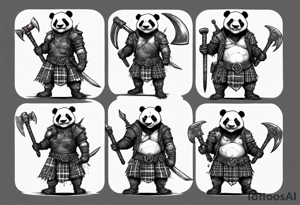 Full body Scottish warrior panda with battle axe and Mclean tartan tattoo idea