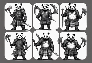 Full body Scottish warrior panda with battle axe and Mclean tartan tattoo idea