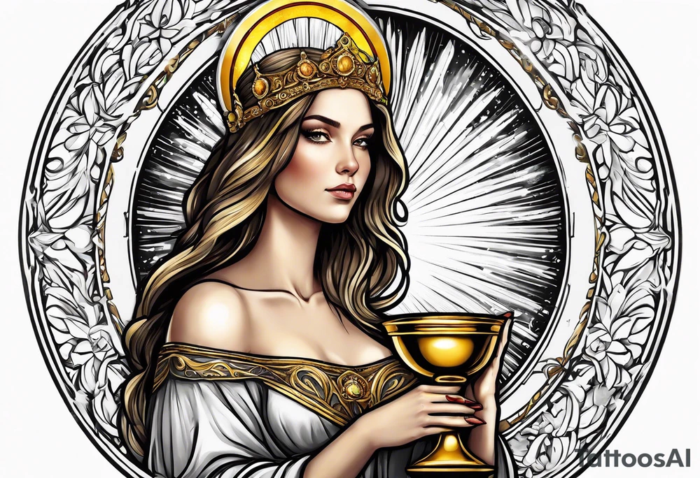 woman saint holding chalice surrounded by golden halo portrait tattoo idea