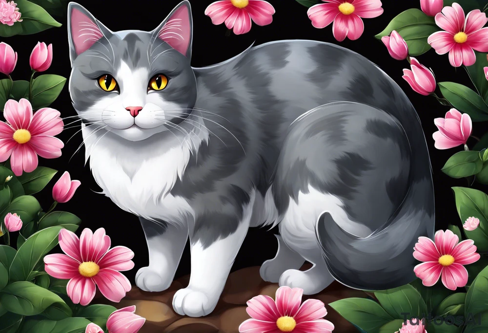 Grey and white cat. She has mostly grey body, larger white patches on her belly, all four paws are white, and a small little white moustache. White whiskers. She is on the larger side for a cat. I want the tattoo to reflect her sweet personality. She loved sunshine and flowers. She is recently passed away and I would like a memorial tattoo of my sweet baby cat. tattoo idea