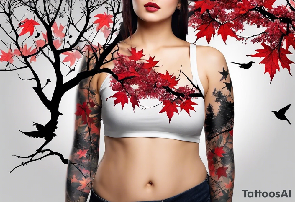 trash polka style. Arm tattoo. chest tattoo. Long tattoo. large tattoo. Full sleeve. Shoulder. A single large maple tree with red autumn leaves that branches upwards from wrist to shoulder. White-throated dipper bird on the trees branches. Calluna flowers at the base of the trees stem. Tree stem has dark colors. Red/yellow sunset behind the trees stem. Leaves falling. tattoo idea