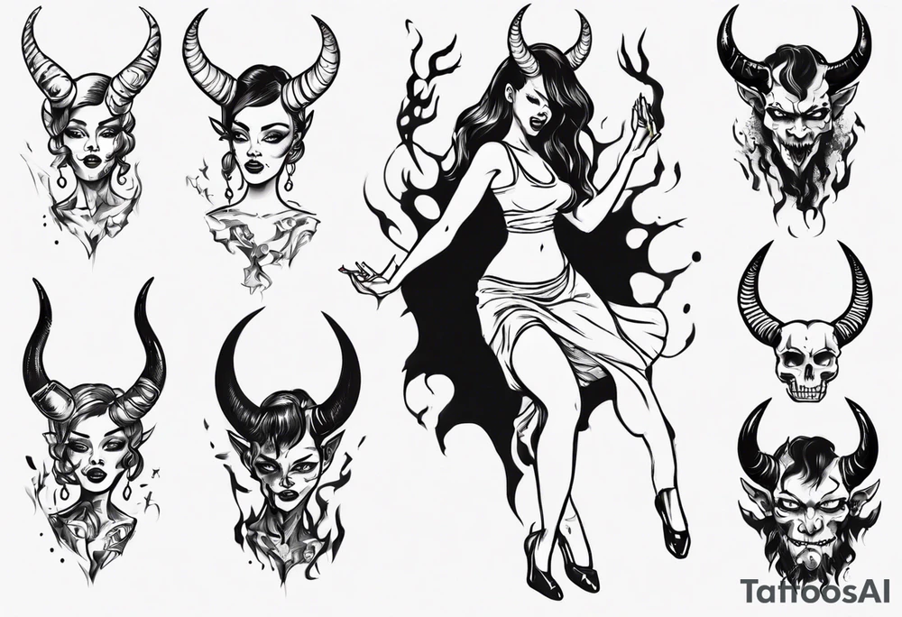 female dancing with devil horns tattoo idea