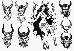 female dancing with devil horns tattoo idea
