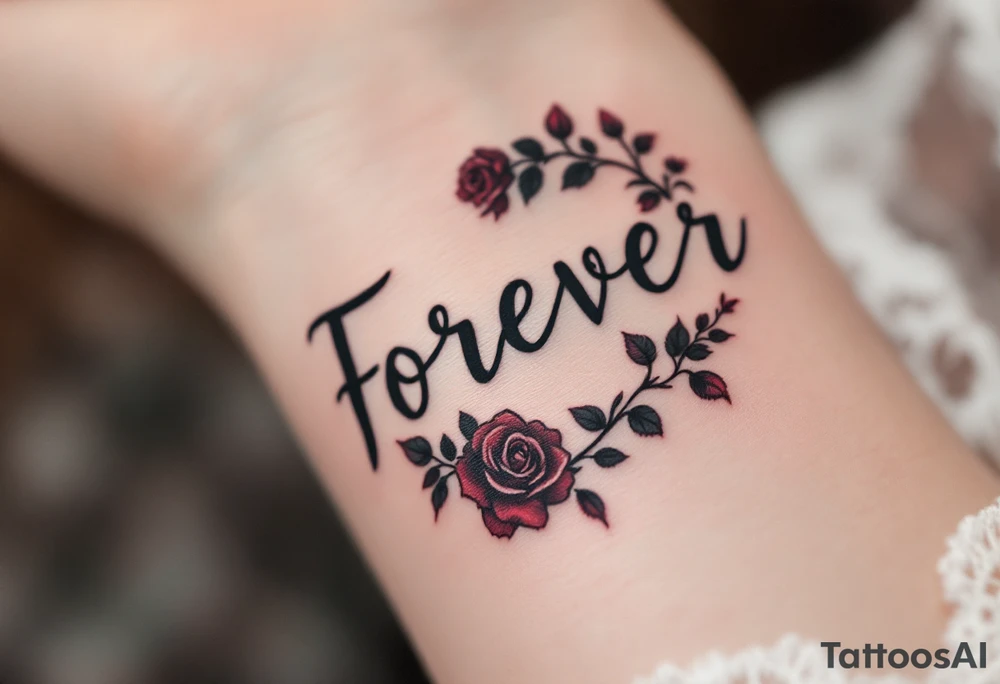 The word "forever" in black gothic font, bordered by dark crimson roses and ivy. tattoo idea