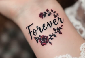 The word "forever" in black gothic font, bordered by dark crimson roses and ivy. tattoo idea
