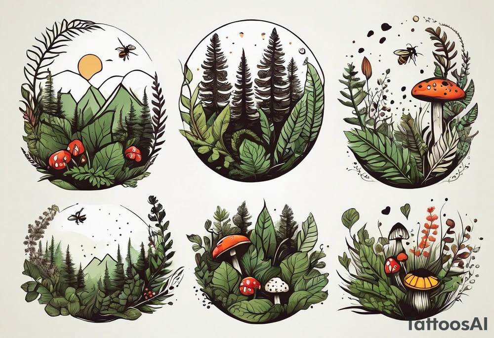forest floor inspired minimalist tattoo, which includes grass, curly ferns, moss and dead leaves as the bulk of the tattoo. details to include: forest berries, a tiny bumblebee flying nearby, three small brown mushrooms
Generate a vertically long one tattoo idea
