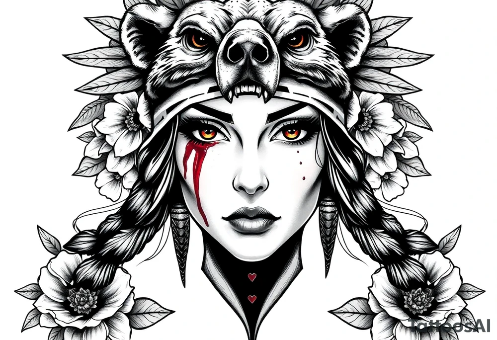 Symmetrical Beautiful Woman, looking forward, with colored eyes, shedding a tear, with battle scars and blood on face, with soft look, wearing a mean looking bear headdress on head, with flower background tattoo idea