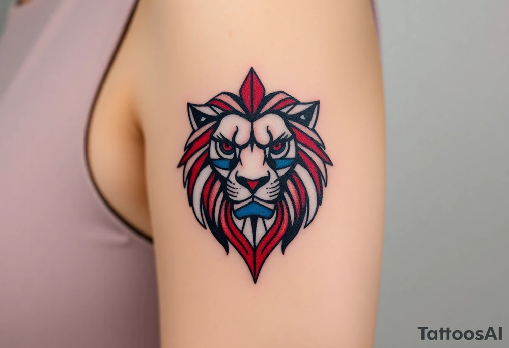 A geometric Czech lion head, designed with sharp, modern lines and accented with red, white, and blue. tattoo idea