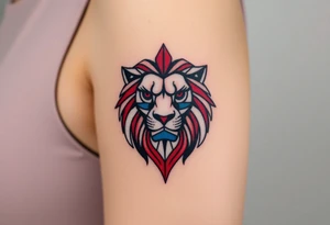 A geometric Czech lion head, designed with sharp, modern lines and accented with red, white, and blue. tattoo idea