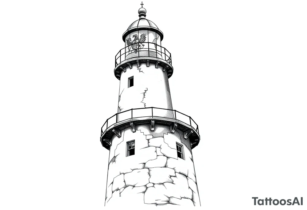 a whole lighthouse with a coat of arms incorporated into the roof tattoo idea