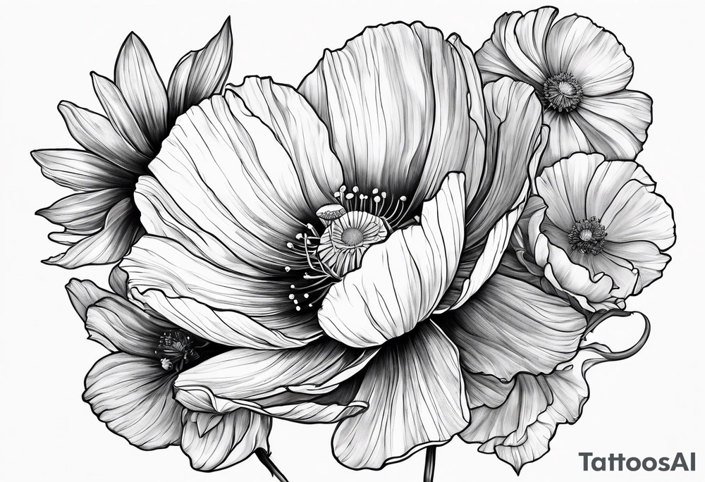Cosmos, Poppy’s and Honeysuckle tattoo idea