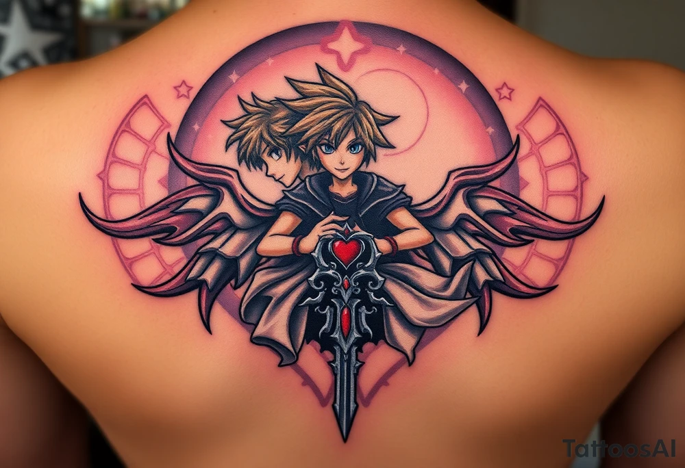 Kingdom Hearts tattoo design featuring Sora from the game, together in a dynamic, united pose. The centerpiece should include the Heartless Keyblade, with a beautiful and ethereal Kingdom Hearts-inspired background—think glowing stars, floating islands, and stained-glass elements in backroung. The design should capture themes of friendship, light vs. darkness, and adventure. Style should be detailed, fantasy-oriented, and suitable for a large piece tattoo idea