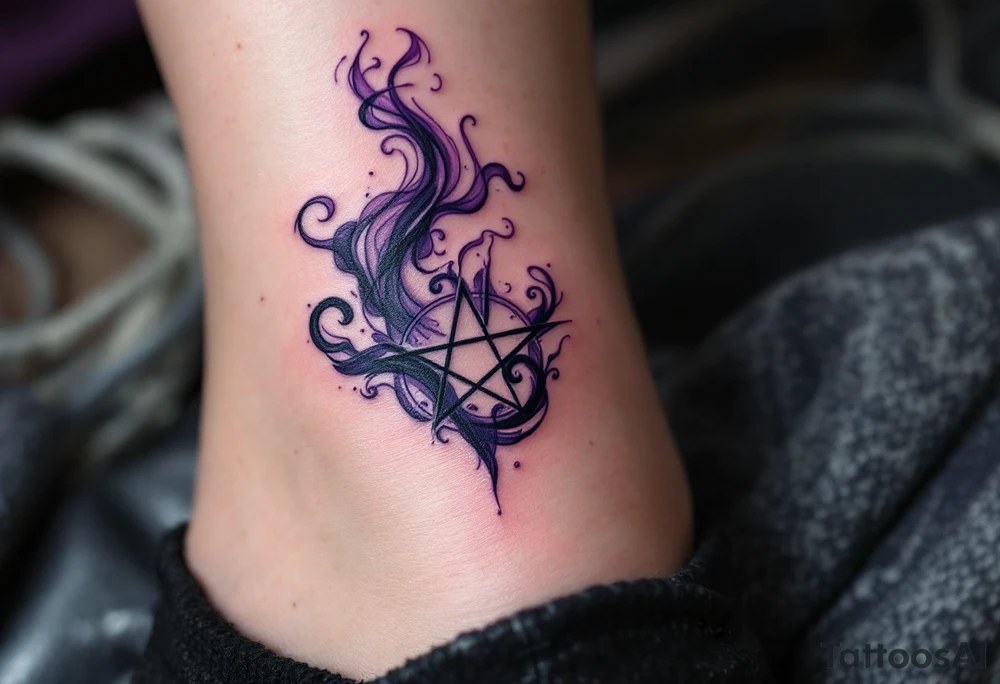 A dark purple inverted pentagram with swirling smoke, with a subtle spectral glow in the background. tattoo idea