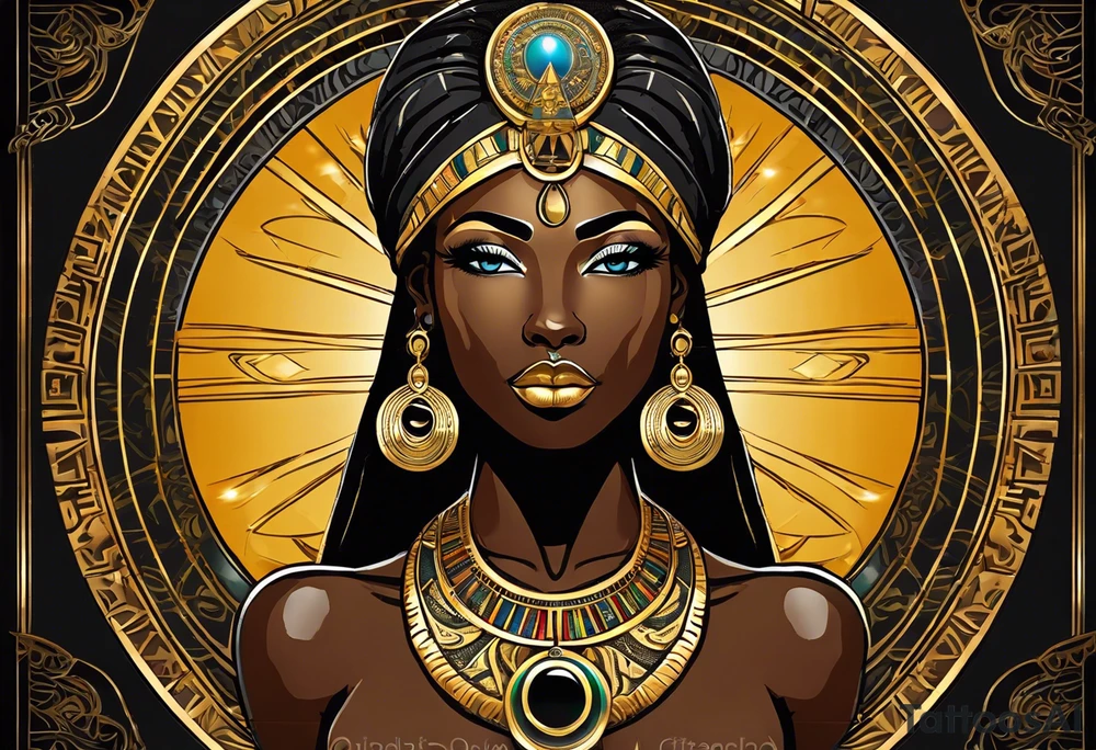 African Goddess wearing the eye of Horus in the center of her forehead and the ankh symbol necklace in gold with the sun on one side behind her and the moon on the opposite side behind her tattoo idea