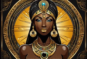 African Goddess wearing the eye of Horus in the center of her forehead and the ankh symbol necklace in gold with the sun on one side behind her and the moon on the opposite side behind her tattoo idea
