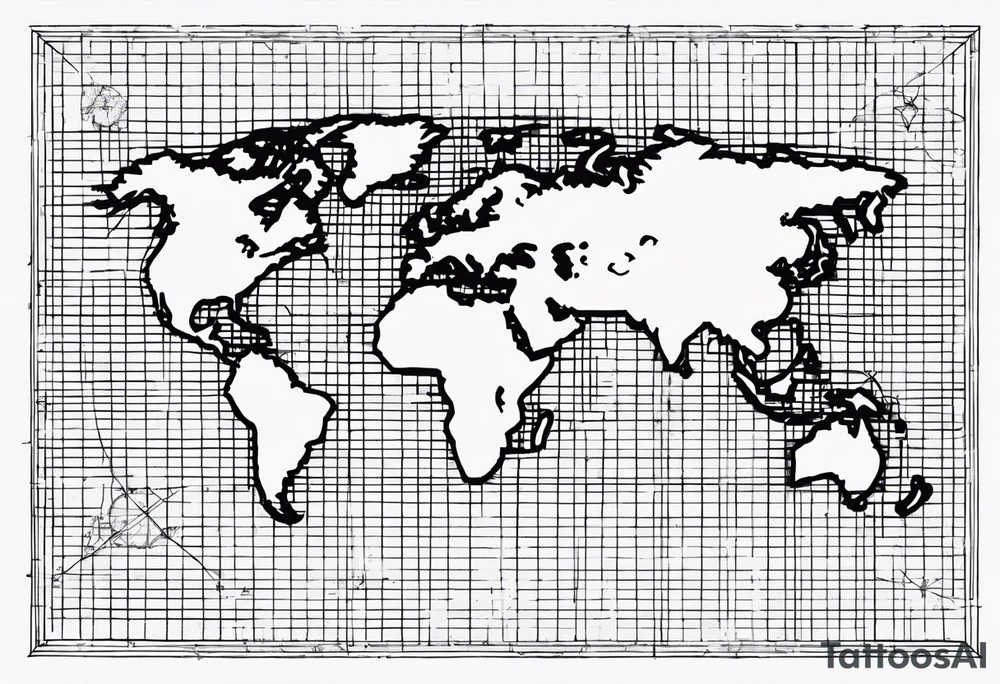 flat map of the earth with lines of a grid not shaded in with no bolding tattoo idea